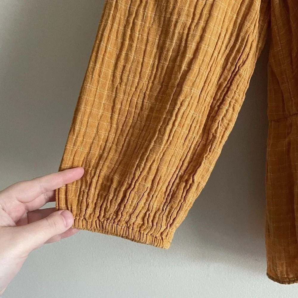 Madewell Women XS Gold Windowpane Lightspun Millbrook Puff-Sleeve Peplum Top - Picture 4 of 9